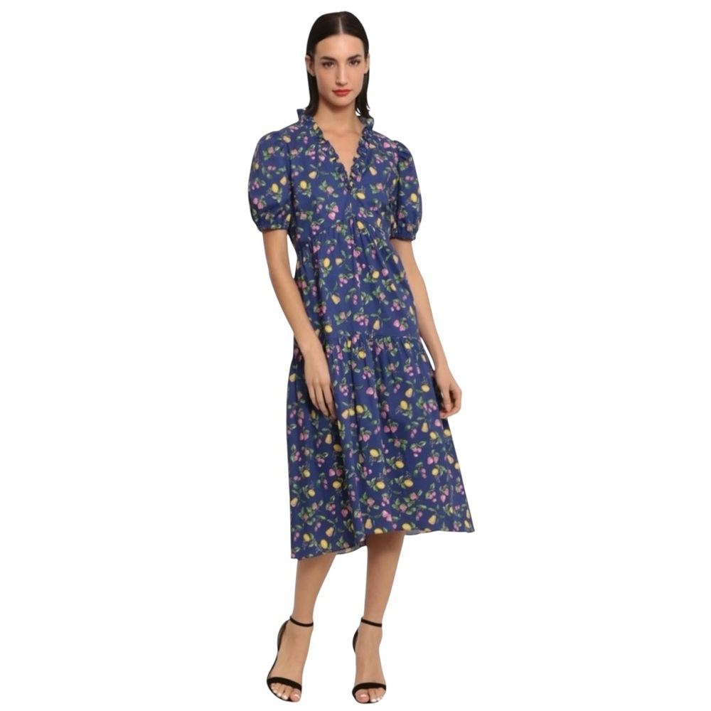 Donna Morgan Tanisha Fruit Print Strawberry Pear Lemon Midi Dress Size 12